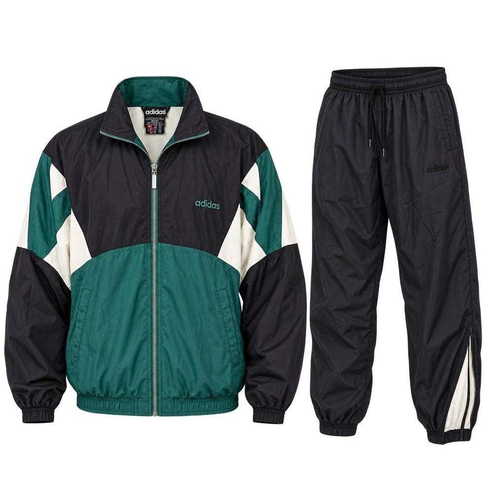 Vintage 90s Adidas Tracksuit L Nylon Colorblock Jacket Pants Green Black Retro